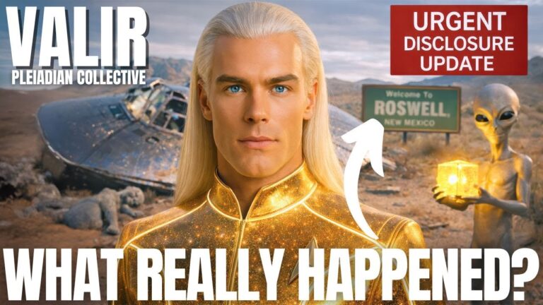 A YouTube-style thumbnail for a disclosure transmission titled “Valir – What Really Happened?” featuring a radiant, long-haired Pleiadian emissary in golden clothing standing in front of a desert crash scene. Behind him, a classic silver flying saucer rests on the sand near debris, searchlights and smoky skies, while another glowing craft hovers above a pine forest, hinting at the Rendlesham encounter. A bold banner reads “WHAT REALLY HAPPENED?” and a red badge says “URGENT DISCLOSURE UPDATE,” signaling a deep dive into the Roswell UFO cover-up, time-travel technology, nuclear-site contact and hidden timelines.