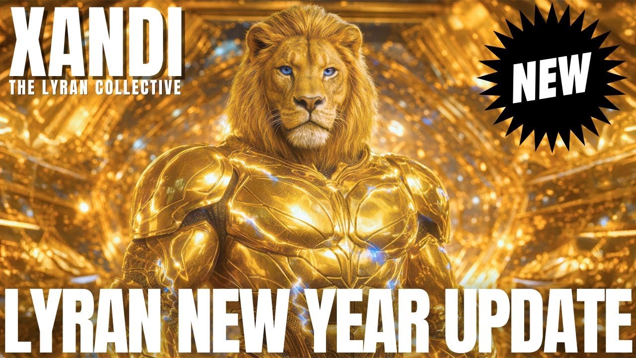 Golden Lyran lion avatar of Xandi facing forward in a field of molten light, wearing radiant armor, with bold text reading “XANDI – LYRAN NEW YEAR UPDATE,” used as the feature image for a Galactic Federation transmission about starseed awakening, original human template restoration, meditation, discernment, and Source-led lion-hearted living for the 2026 New Year.