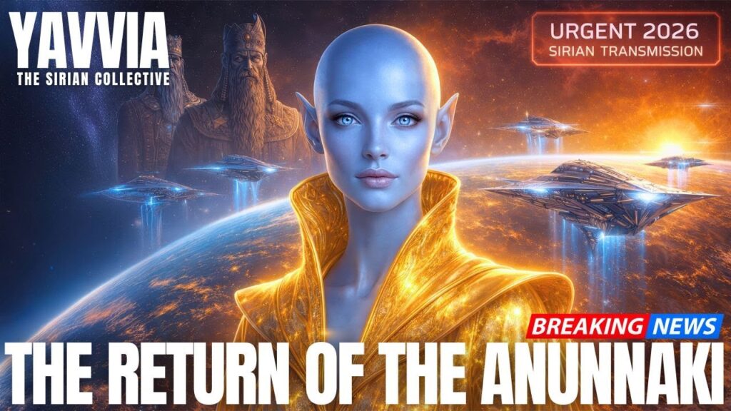 A cinematic Galactic Federation thumbnail showing a luminous blue-skinned Sirian being, Yavvia, in a golden suit standing before glowing starships and an orange nebula sky, with bold white text along the bottom reading “THE RETURN OF THE ANUNNAKI,” radiating powerful ascension energy and futuristic contact vibes.