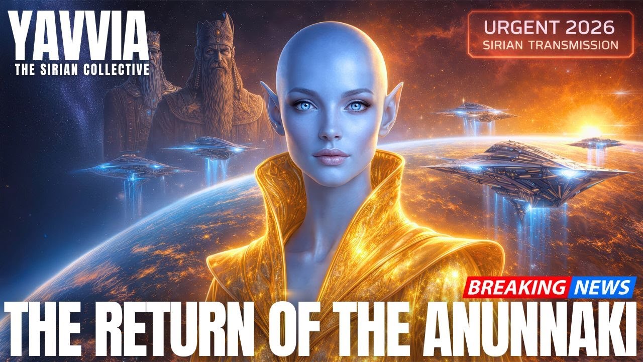 A cinematic Galactic Federation thumbnail showing a luminous blue-skinned Sirian being, Yavvia, in a golden suit standing before glowing starships and an orange nebula sky, with bold white text along the bottom reading “THE RETURN OF THE ANUNNAKI,” radiating powerful ascension energy and futuristic contact vibes.