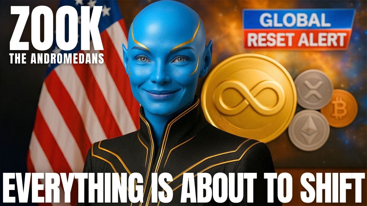 YouTube-style thumbnail showing a blue Andromedan star being in front of a US flag and glowing digital coins, with the words “Everything Is About to Shift” and “Global Reset Alert,” illustrating a transmission on the Great Reset of Earth consciousness, quantum economy, and the rise of the New Earth.
