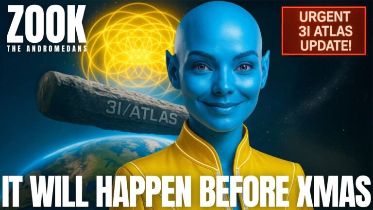 Blue-skinned Andromedan being named Zook standing before a luminous interstellar object, with the words “It Will Happen Before Xmas” and “Urgent 3I Atlas Update,” symbolizing the 3I Atlas arrival and the activation of the Unity Mind Era during Earth’s ascension timeline.