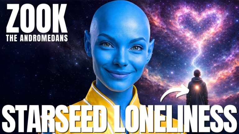 Banner graphic for the “Starseed Loneliness” transmission showing a blue-skinned Andromedan guide in front of a violet cosmic sky with a glowing heart-shaped nebula and a small meditating human silhouette, symbolizing the journey from isolation into galactic connection, inner union, and embodied love on Earth.