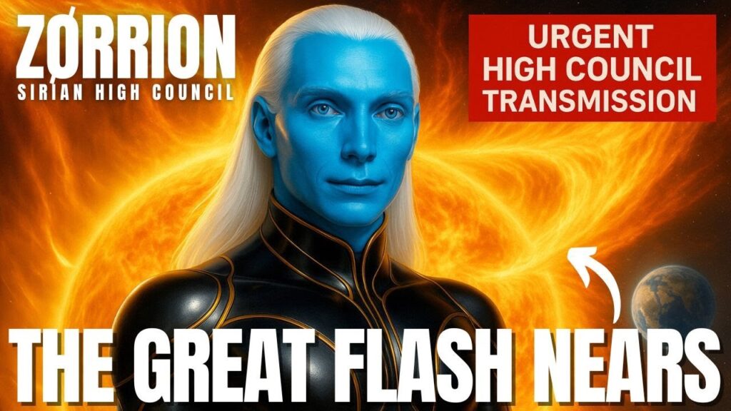 Blue-skinned Sirian emissary standing before a blazing golden cosmic vortex, delivering an urgent High Council transmission about the Great Flash and Earth’s approaching wave of sudden illumination. Fiery solar energies swirl behind the figure as the words ‘The Great Flash Nears’ appear boldly across the image, signaling an imminent planetary awakening event and a shift into higher consciousness.