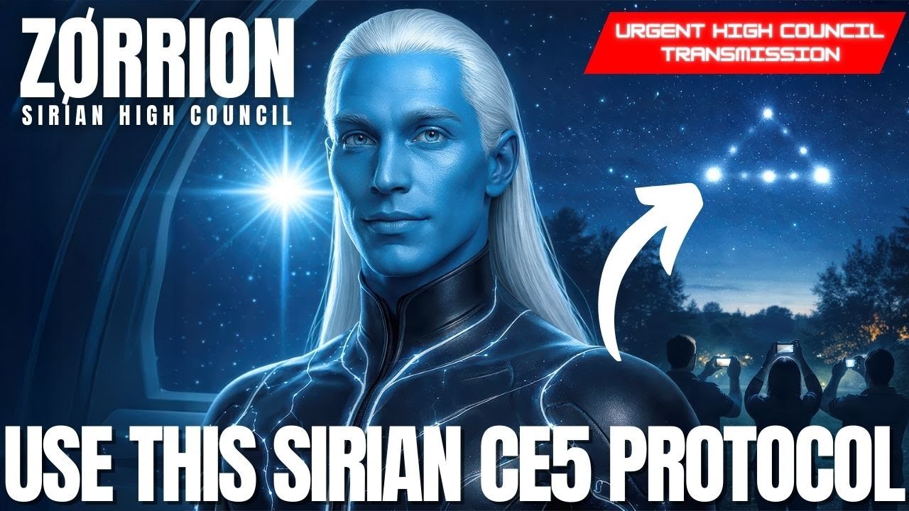 A YouTube-style thumbnail for a Galactic Federation of Light transmission featuring Zorrion of the Sirian High Council. A tall, blue-skinned, white-haired Sirian being in a sleek dark suit stands on the left, glowing softly against a deep midnight-blue sky and an energy-field dome. On the right, a group of human silhouettes look up from a meadow as a triangular formation of bright white lights hovers above them, suggesting a CE5 skywatch contact event. Bold text along the bottom reads “USE THIS SIRIAN CE5 PROTOCOL,” while ZORRION’s name and “SIRIAN HIGH COUNCIL” branding sit at the top. A small red banner hints at 2026 first contact timing. The overall design feels cinematic, mysterious and inviting, signaling practical Sirian CE5 guidance for everyday first contact.