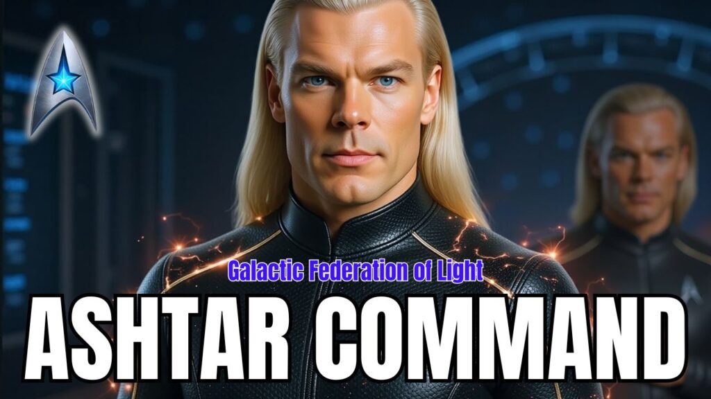 Cinematic thumbnail showing a serious blond Ashtar Command officer in a dark starfleet-style uniform, standing on a dimly lit starship bridge with soft blue lighting and consoles behind him. A silver Ashtar emblem glows on the left, and bold white text across the bottom reads “ASHTAR COMMAND,” signaling an official transmission or briefing from the Ashtar Command for ground crew on Earth.