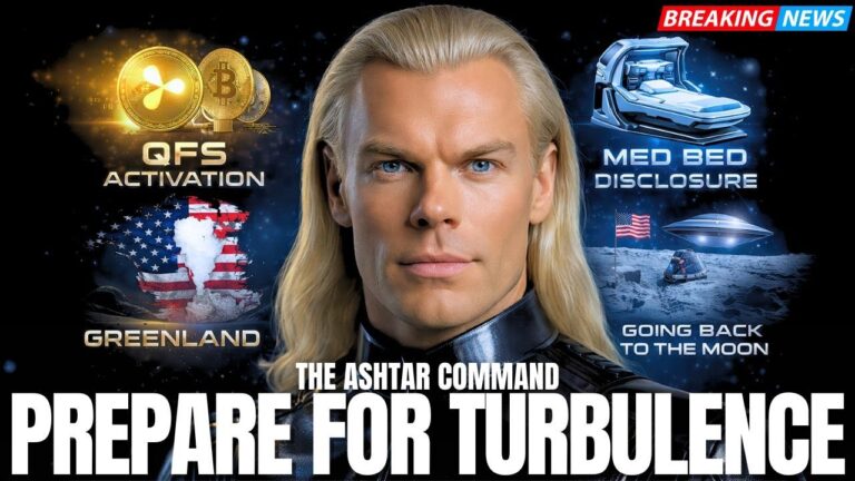 A dramatic Galactic Federation of Light thumbnail showing a long-haired, blond, Pleiadian-looking star commander in a blue cosmic uniform against a dark space backdrop with planets, stormy energy waves, QFS and UFO graphics, eclipse icons and timeline callouts. Bold white text across the bottom reads “PREPARE FOR TURBULENCE,” signaling a February–August 2026 warning about quantum money shifts, the return to the Moon, UFO disclosure waves, eclipse portal timing and the next six months on Earth.