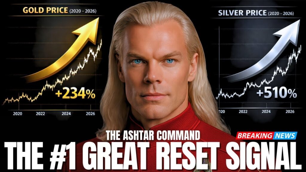 Thumbnail-style graphic for “NESARA GESARA Activation Update” featuring a central portrait of Ashtar with long blond hair, backed by rising market charts and upward arrows labeled with percentage gains, and bold headline text reading “THE #1 GREAT RESET SIGNAL,” signaling Quantum Financial System rollout, WEF digital currency agenda, global reset indicators, and New Earth transition.