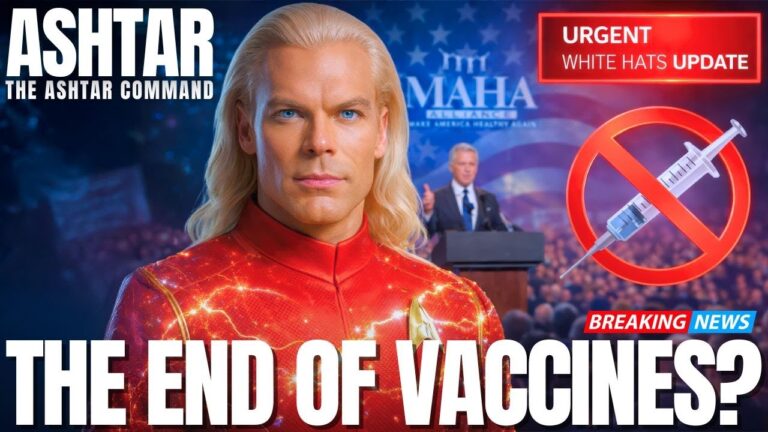 A dramatic YouTube-style thumbnail showing a golden-haired Ashtar figure in a glowing red suit in front of a U.S. flag and government backdrop, alongside MAHA branding, an urgent “VACCINE UPDATE” banner, a red crossed-out injection symbol, and bold white text reading “THE END OF VACCINES?”, visually framing an urgent vaccine disclosure message about MAHA, new childhood injection rules, white hat reformers, medical control cracks, and sovereign parental consent in the New Earth ascension timeline.
