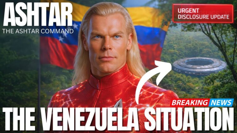 Ashtar the commander stands in a bright red suit in front of the Venezuelan flag, with a white arrow pointing toward a stormy sky and a glowing saucer, beside bold text that reads “THE VENEZUELA SITUATION,” representing a transmission about Venezuela, secret space programs, the quantum financial reset, AI control grids and the global battle for humanity’s future.