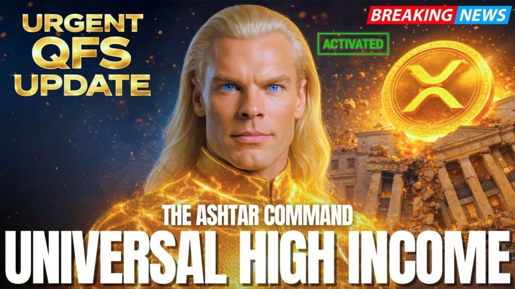 Bright YouTube-style thumbnail featuring a blond galactic commander in golden light beside a glowing blockchain-style coin over ancient ruins, with bold captions “URGENT QFS UPDATE” and “UNIVERSAL HIGH INCOME,” signaling a Quantum Financial System transmission on NESARA/GESARA, Universal High Income, blockchain transparency, AI stewardship and the quiet end of cabal-era scarcity.