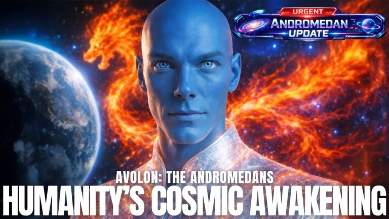 Avolon Andromedan blue being standing before a fiery cosmic backdrop with Earth and stars, symbolising humanity’s 2026 Year of the Firehorse cosmic fire awakening, solar storms, eclipses and starseed ascension, with the headline “Humanity’s Cosmic Awakening” highlighting an Andromedan guide to timelines, plasma intelligence and planetary convergence.