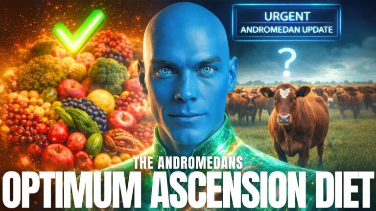 Banner graphic for an article titled “Optimum Ascension Diet” showing a blue Andromedan star being in front of glowing fruits, vegetables, greenery and planetary light fields, with luminous energy patterns around the body and the words OPTIMUM ASCENSION DIET along the bottom, visually linking high-vibration foods, galactic guidance, New Earth landscapes and starseed frequency upgrades. 300–350 word summary