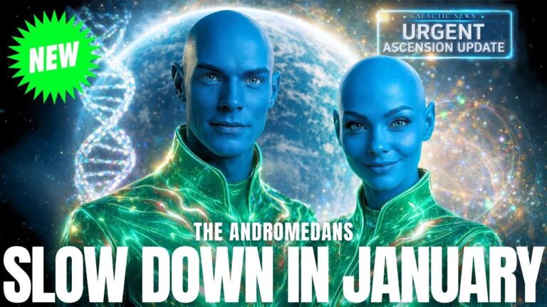 Blue-toned Andromedan beings in luminous green suits stand before a DNA helix and Earth-in-space backdrop, with bold text “SLOW DOWN IN JANUARY,” signaling Solar Maximum codes, Central Sun energy, galactic coherence waves, and New Earth rhythm integration through presence.