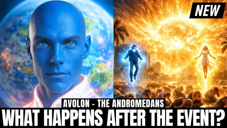 YouTube-style thumbnail showing a blue-skinned Andromedan being on the left and a blazing golden Solar Flash scene on the right, with a silhouetted human figure walking into a radiant New Earth light. The bottom banner reads “WHAT HAPPENS AFTER THE EVENT?” and a small “NEW” tag appears in the upper corner. This image promotes a Galactic Federation transmission video about life after the Solar Flash, New Earth frequency, unity consciousness and lived service.