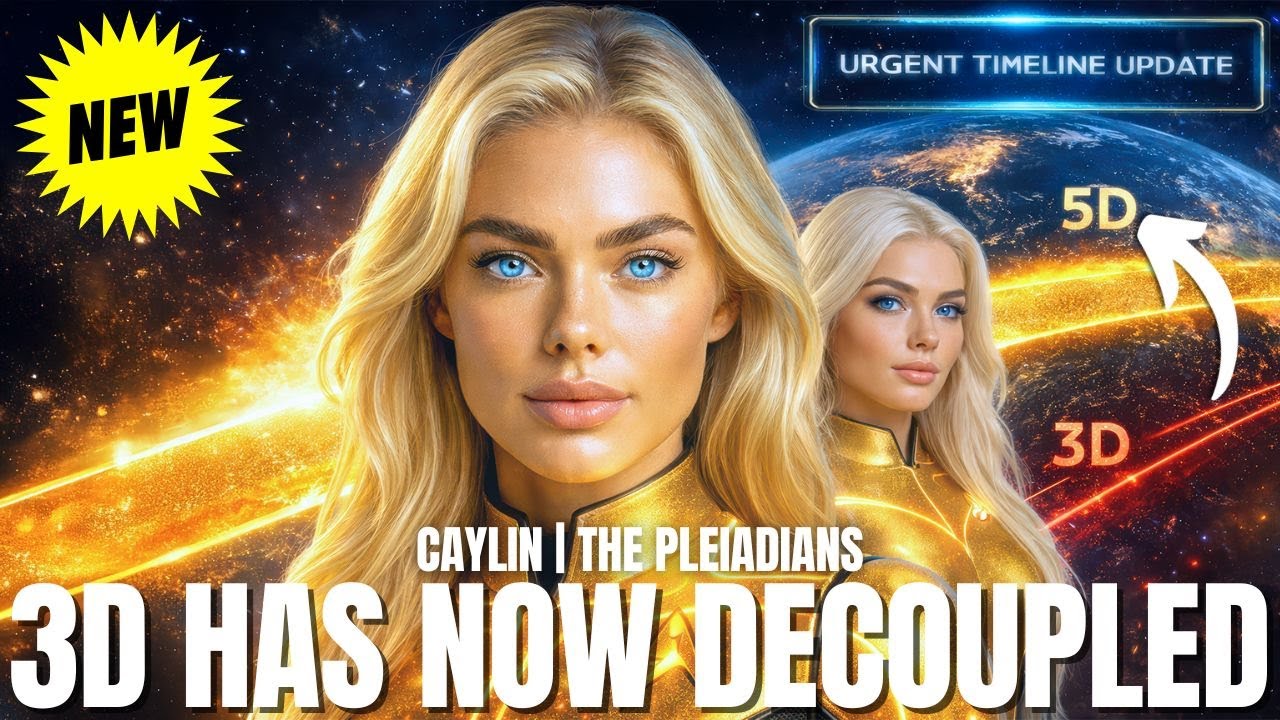 Miniaturë në stilin e YouTube-it që tregon një grua bionde të shkëlqyeshme në dritë të artë me grafikë 5D pas saj, qiell kozmik të zjarrtë dhe tekst të trashë që lexon "3D TANI ËSHTË SHKËPUTUR", që simbolizon ndarjen midis realiteteve 3D dhe 5D dhe mesazhin e ngjitjes së bllokimit të vijës kohore të Tokës së Re.