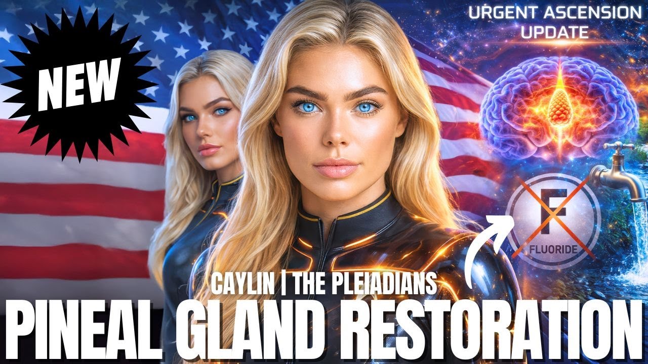 Wide cinematic banner for a “Pineal Gland Restoration” transmission on fluoride removal and MAHA Alliance; central blonde woman in a dark cosmic uniform faces the viewer in front of a United States flag, with a second luminous aspect of her behind, a glowing pineal-gland light mandala, water and DNA light codes, medical and Alliance emblems, starry galaxy background and bold title text “PINEAL GLAND RESTORATION,” symbolizing fluoride-free tap water, pineal awakening, sovereignty and starseed activation.