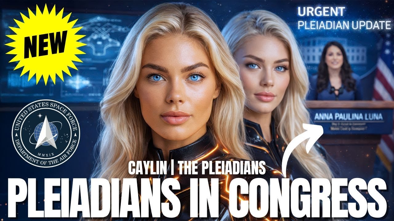 Thumbnail graphic titled “Pleiadians in Congress” showing a radiant blond woman in the foreground symbolizing a bold young congresswoman, with a second luminous blond Pleiadian presence behind her against a deep blue galactic background, UFO-style emblems, a bright “NEW” burst, and bold headline text, promoting a Caylin transmission about Pleiadians working through a moon-named oversight firebrand, white-hat allies, UFO hearings, and the end of secrecy through starseed activation and living disclosure.