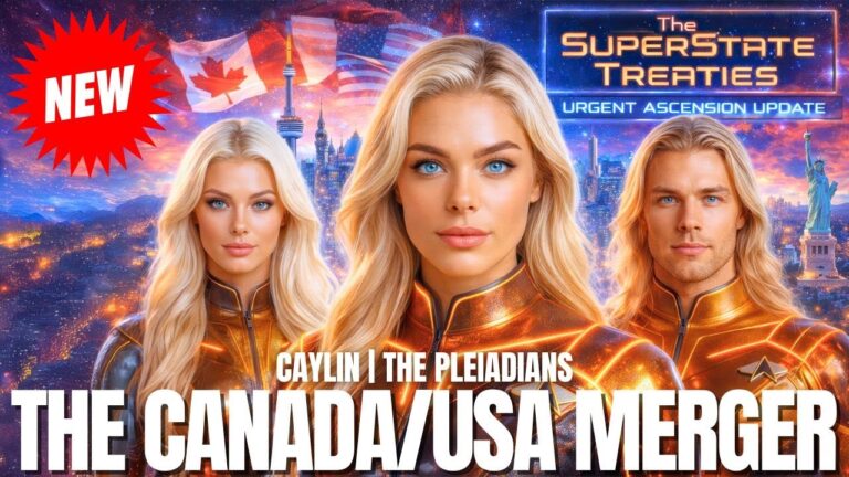 A vibrant Galactic Federation of Light thumbnail featuring Pleiadian emissary Caylin in a golden star suit between two mirrored aspects of herself, with radiant cosmic skies, subtle UFOs and blended Canadian and American colors in the background, over bold text reading “The Canada / USA Merger,” promoting a transmission about the North American super state, white hats, disclosure, and New Earth ascension.