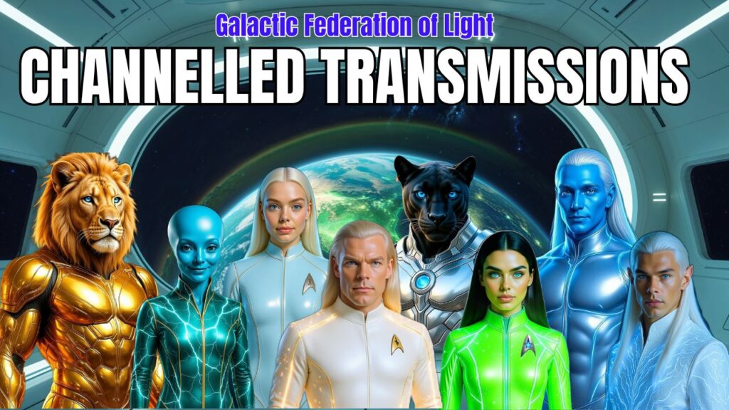 Galactic Federation of Light channelled transmissions banner showing multiple extraterrestrial emissaries standing before Earth in a spacecraft interior.