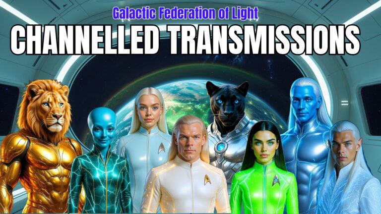Galactic Federation of Light channelled transmissions banner showing multiple extraterrestrial emissaries standing before Earth in a spacecraft interior.