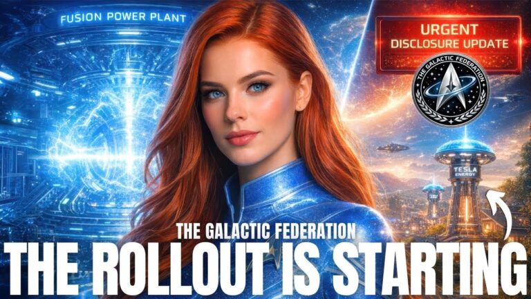 A cinematic sci-fi style image of a red-haired Galactic Federation emissary in a blue suit standing before a glowing starfield and energetic light grid, with the GFL emblem and cosmic symbols beside her and the bold headline text “THE ROLLOUT IS STARTING,” used as the hero graphic for a Free Energy Update article about fusion breakthroughs, civilian microgrids, and consciousness-led communities making abundant clean power and local sovereignty inevitable.
