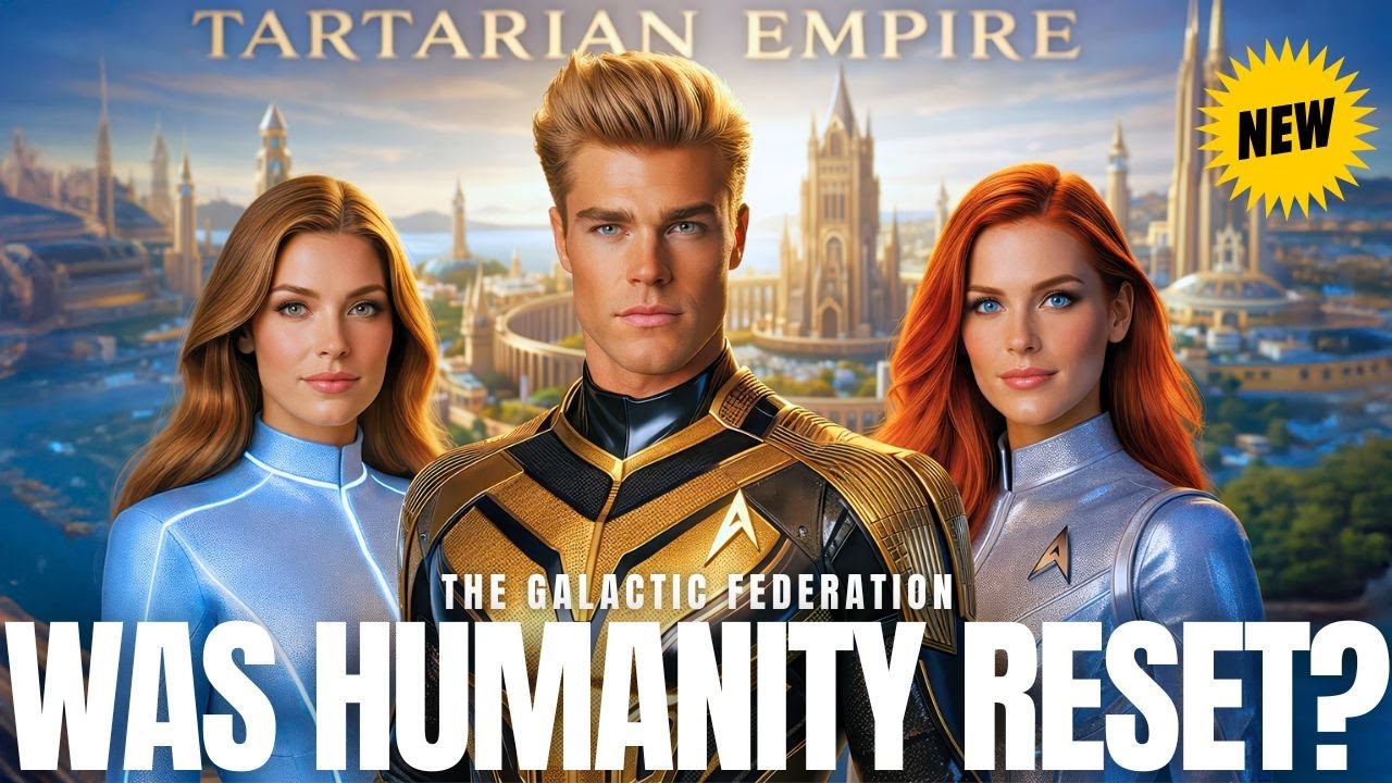YouTube-style thumbnail for a Galactic Federation of Light Tartaria transmission showing three futuristic human emissaries standing before a shining golden city skyline. A blond male emissary in a black and gold suit stands in the center with two female emissaries on either side, blue skies and glowing architecture behind them. Bold white headline text reads “WAS HUMANITY RESET?” signaling a discussion about Tartaria, mud flood resets, hidden history, and New Earth ascension.