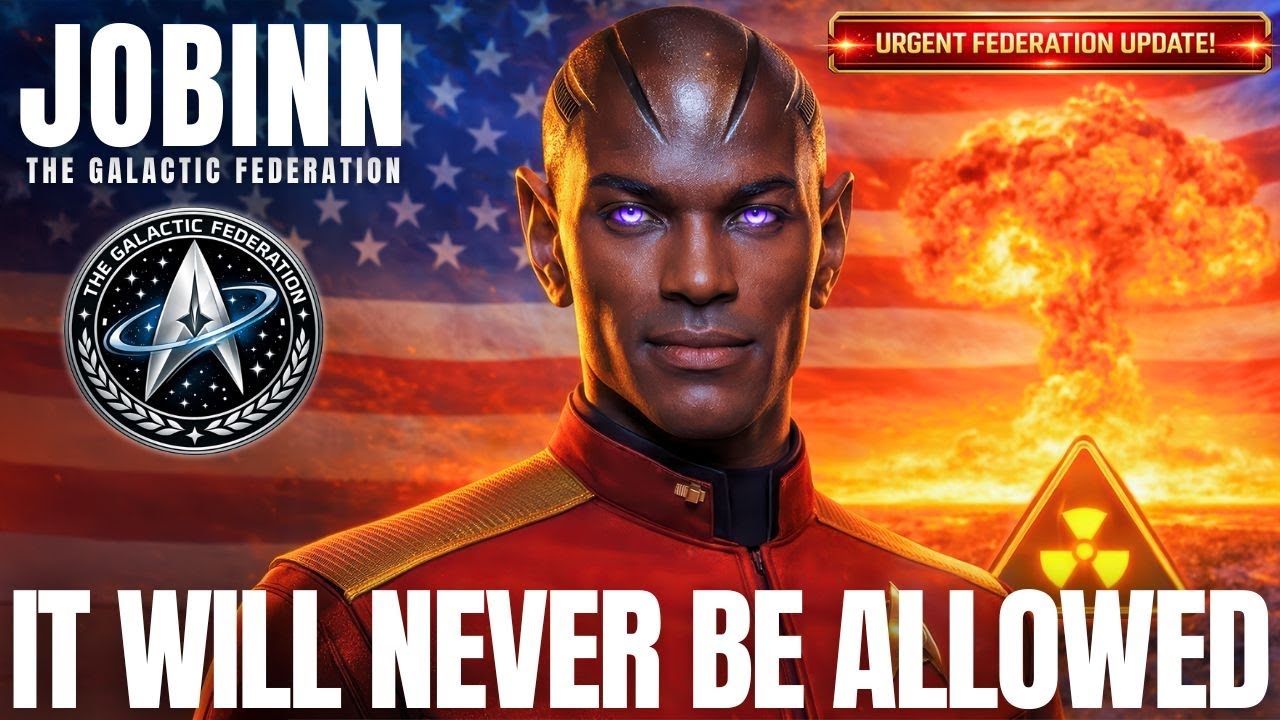 Sinematikong banner ng emisaryo ng Galactic Federation na si Jobinn na nakatayo sa harap ng pinaghalong backdrop ng bandila ng Amerika at Iran, na may kumikinang na ulap ng kabute mula sa nukleyar sa ibabaw ng kulay kahel na kalangitan, insignia ng Galactic Federation of Light sa kaliwa, babalang teksto na "IT WILL NEVER BE ALLOWED" sa ibaba, at high-contrast na sci-fi lighting na sumisimbolo sa galactic nuclear lockdown, paglala ng krisis sa Iran, at interbensyon ng UFO upang maiwasan ang anumang pagsabog ng atomika sa Earth.