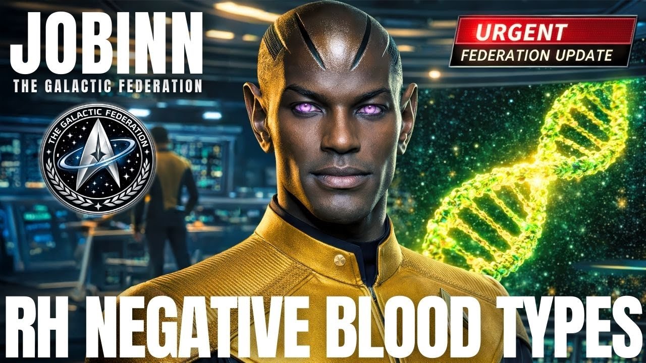 Delwedd agos arddull mân-lun YouTube o seren frenhinol, croen tywyll o'r enw Jobinn mewn lifrai euraidd, yn sefyll o flaen helics DNA gwyrdd tywynnol a maes sêr, gydag arwyddlun arddull Ffederasiwn Galactig, graffeg rhyngwyneb uwch-dechnoleg, a thestun pennawd beiddgar “MATHAU GWAED RH NEGATIF,” yn arwydd gweledol o blymio'n fanwl i linachau hadau sêr math gwaed Rh-negatif, codau DNA cudd, galluoedd seicig, rolau angori grid, a chenhadaeth esgyniad sofran sefydlogwyr ar y Ddaear.