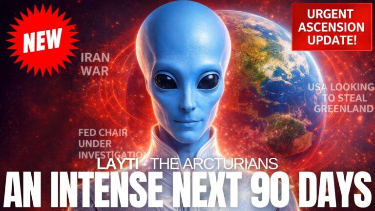 Blue extraterrestrial being with large dark eyes in front of a fiery red quantum energy field and glowing Earth, with bold text reading “An Intense Next 90 Days,” representing a powerful 90-day quantum web purge window, karmic escrow release, starseed group purge nodes, and root–sacral–solar plexus ascension clearing for humanity.