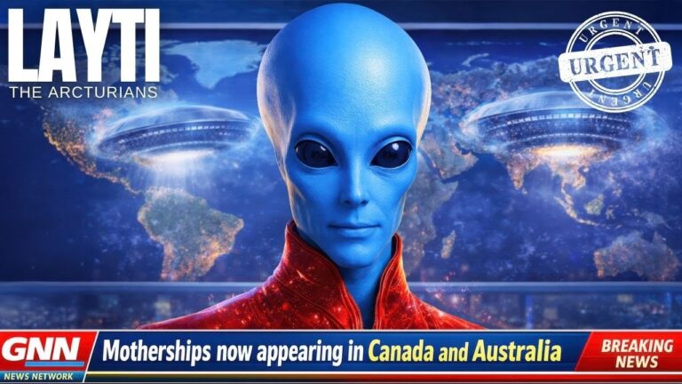 YouTube-style thumbnail showing a blue-skinned, bald extraterrestrial with large dark eyes in a red suit in the center, labeled “LAYTI” at the top left, with a glowing world map behind them highlighting Canada and Australia. A circular Galactic Federation-style emblem appears in the upper right, while a red news ticker bar along the bottom reads “Motherships now appearing in Canada and Australia,” signaling a global mass contact event and imminent open galactic civilization announcement.