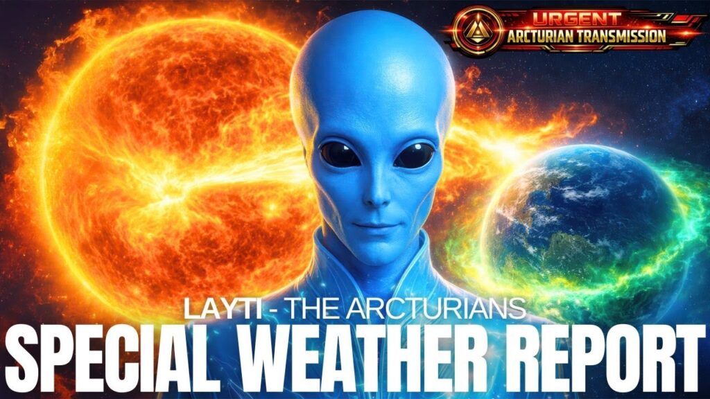 Blue extraterrestrial guide in front of a blazing Sun and aurora-lit Earth, with bold text “Special Weather Report,” symbolizing a solar weather special report on the January 20–22 amplifier corridor, 90-day ascension window, timeline convergence and Solar Flash priming for starseeds.