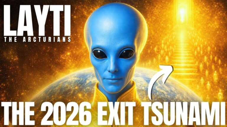 Layti the Arcturian blue star being standing in front of a glowing golden cosmic background with Earth below and bold text reading “The 2026 Exit Tsunami,” representing the upcoming 2026 soul exit wave, completion window after the 2025 solstice, and a starseed guide to staying calm, sovereign and heart-centered through massive planetary transitions.
