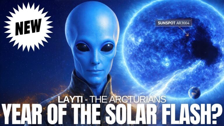 A vibrant YouTube-style thumbnail featuring a luminous blue extraterrestrial being (Layti) on the left and an electrified blue Sun on the right, with bold headline text reading “YEAR OF THE SOLAR FLASH?” and a “NEW” badge. The image visually signals a 2026 Solar Shift alert, hinting at continuous solar activity, radiation belt storage, and a supercharged global electric circuit quietly transforming Earth’s energy field and the viewer’s Ascension path.