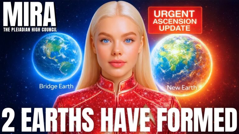Bright YouTube-style thumbnail showing a blond starseed woman in a red suit between two glowing Earths, one blue and one fiery, with bold text “2 EARTHS HAVE FORMED” and “URGENT ASCENSION UPDATE,” symbolizing Schumann resonance spikes, intense ascension symptoms and the emerging three-Earth split message for ground crew.