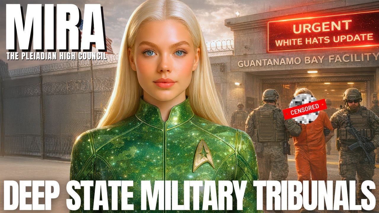 YouTube-style thumbnail showing a radiant blonde woman in a shimmering green suit standing in the foreground, representing a Pleiadian emissary, with a dramatic military hallway behind her where armed personnel escort detainees toward a red-lit tribunal chamber. Bold white text reads “MIRA” at the top and “DEEP STATE MILITARY TRIBUNALS” along the bottom, with an urgent red banner and cinematic lighting that signal secret courts, cabal prosecution and global justice revelations.