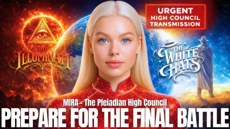 YouTube-style thumbnail of Pleiadian guide Mira, a blonde woman in a red outfit, centered between a fiery orange planet with an all-seeing-eye pyramid on the left and a glowing blue Earth with “Prepare For The Final Battle” style text on the right, framed by dramatic cosmic light, flares, and urgent headline banners, visually portraying the final battle between light and dark, spiritual warfare, and starseeds preparing for ascension.