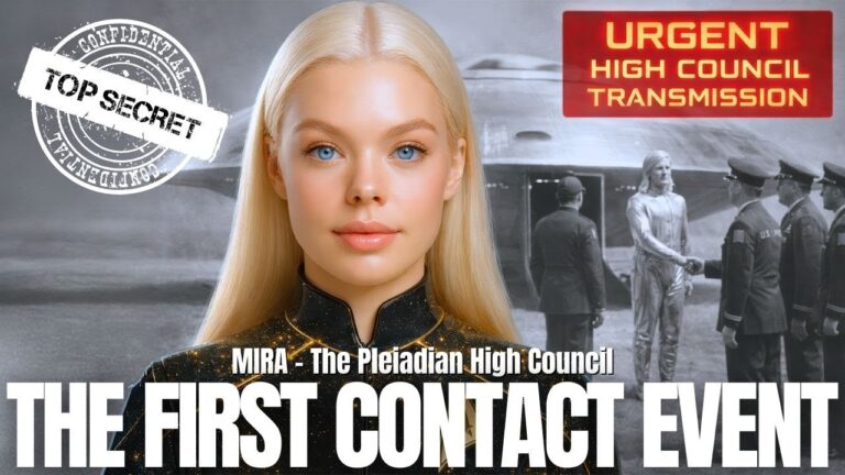 Blonde Pleiadian woman standing in front of a grayscale crowd with UFO imagery, overlaid headline text reading “THE FIRST CONTACT EVENT” and “URGENT HIGH CONTACT PROBABILITY,” representing a galactic disclosure briefing about Pleiadians, first contact delegations and Earth’s role as a Living Library preparing humanity for open ET contact.
