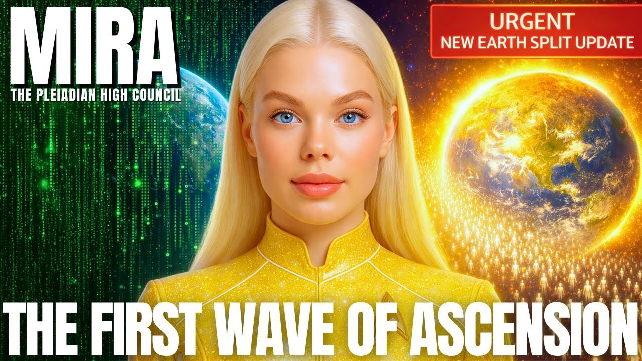 Isang nagliliwanag na blondeng gabay na starseed na nakasuot ng ginintuang suit na nakatayo sa pagitan ng kumikinang na Daigdig at ng nagliliyab na solar sphere, na may naka-bold na tekstong "The First Wave of Ascension," na sumisimbolo sa paghihiwalay ng starseed sa 2026, ang paglabas mula sa 3D matrix at ang mga unang tagapagtayo ng Bagong Daigdig.