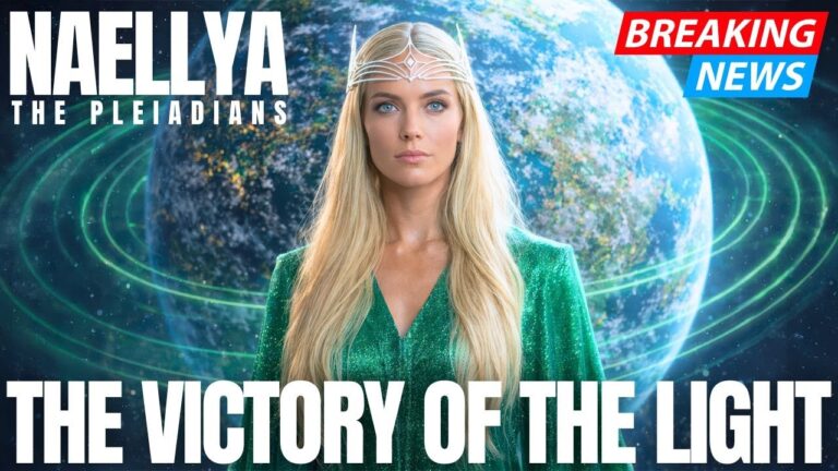 Naellya Victory of the Light thumbnail showing a blonde galactic messenger in a green jacket standing before a glowing Earth and swirling quantum energy grids, framed like a breaking news alert with the headline “THE VICTORY OF THE LIGHT,” signaling that the Light has already won and announcing the Great Synchronization, Quantum Web upgrades, and the 2026 decision wave locking starseeds into the New Earth timeline.