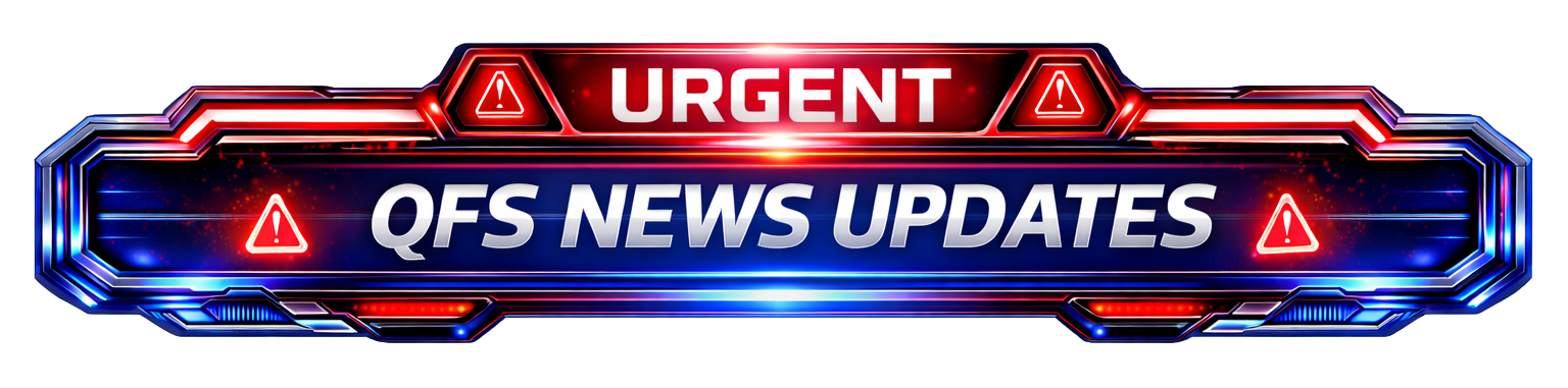 Urgent QFS news update banner in a futuristic sci-fi HUD style, with a bold red “URGENT” header, metallic blue-and-red frame, glowing warning triangle icons on both sides, and the central title “QFS NEWS UPDATES” in large high-contrast lettering.