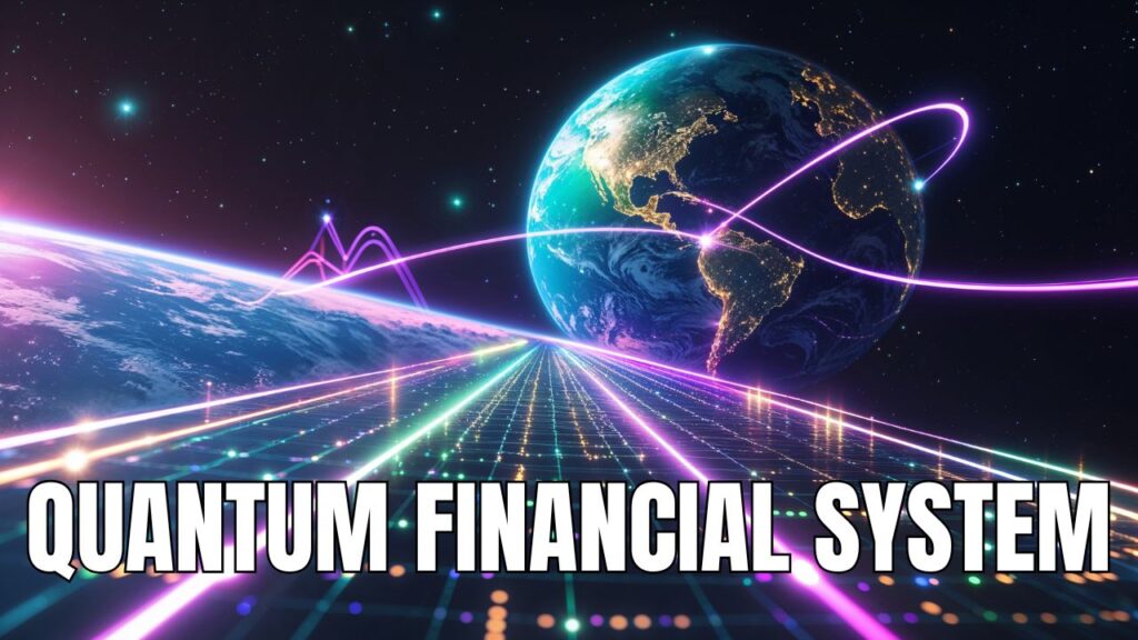Cinematic promo graphic of the Quantum Financial System showing a glowing futuristic highway of light connecting Earth to space, symbolizing QFS rails, NESARA/GESARA transition and the New Earth abundance blueprint.