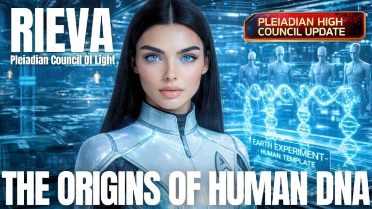 Pleiadian transmission hero image showing advanced star woman in a crystalline blue DNA field with circuit patterns, titled “The Origins of Human DNA,” introducing a starseed teaching on Earth’s true human origins, multi-lineage galactic DNA, bloodline enslavement architecture, timeline resets, and the return of the sovereign human blueprint.