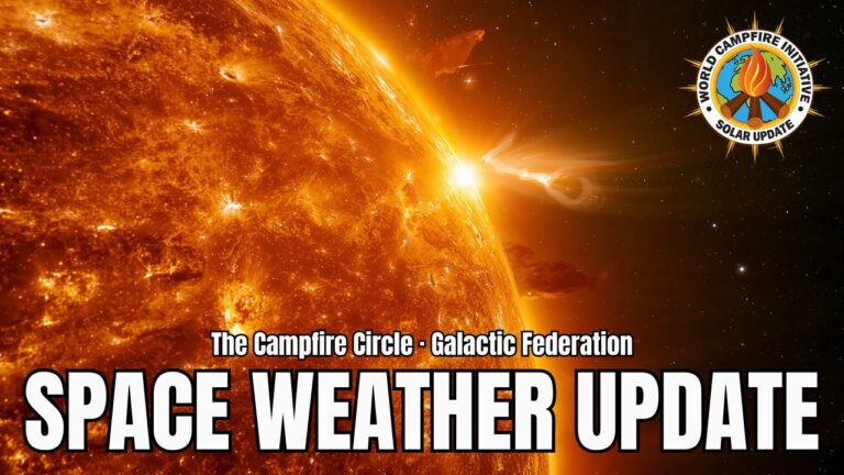 Dramatic January 22 Space Weather Update hero graphic showing a close-up of the Sun on the left with bright flares and plasma loops streaming into space, fading into dark starfield on the right with the Galactic Federation of Light circular emblem in the upper corner, and bold white title text “SPACE WEATHER UPDATE” across the bottom, visually signaling an important solar storm forecast, geomagnetic activity alert, and real-time sun–Earth space weather conditions.
