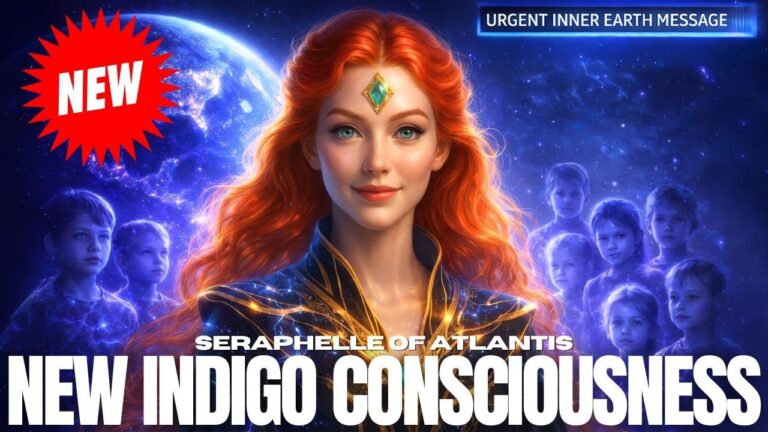 Vivid New Indigo Consciousness hero image showing a red-haired starseed woman with a glowing emerald jewel on her forehead, standing before a luminous indigo energy field, Earth in the background and silhouettes of awakened souls around her, symbolizing planetary ley lines, elemental allies and the activation of humanity’s divine blueprint and perfected New Earth body template.