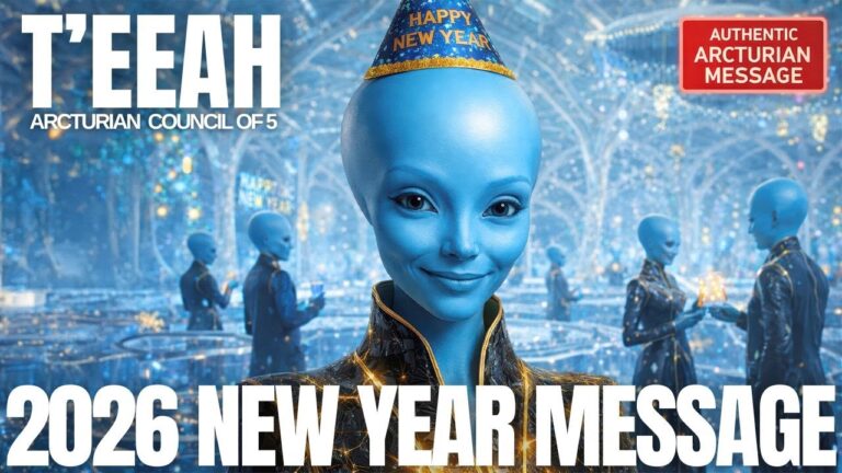 Blue Arcturian being Teeah stands in a luminous starship-like environment, surrounded by other blue figures and crystalline light, with bold white text reading “2026 NEW YEAR MESSAGE.” The image promotes a Galactic Federation of Light transmission sharing Teeah’s urgent 2026 New Year message for starseeds about reclaiming their nervous system, inner authority, and lived spiritual truth in a noisy, polarized world.