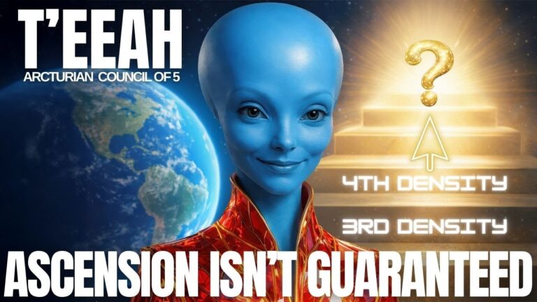 A dramatic New Earth ascension thumbnail showing a glowing blue Arcturian guide beside planet Earth, facing a golden pyramid with a question mark and the words “5D DENSITY / 3D DENSITY,” with bold headline text reading “ASCENSION ISN’T GUARANTEED,” illustrating the 144,000 lightworker mission, three levels of consciousness, and the urgent choice to anchor higher timelines now.