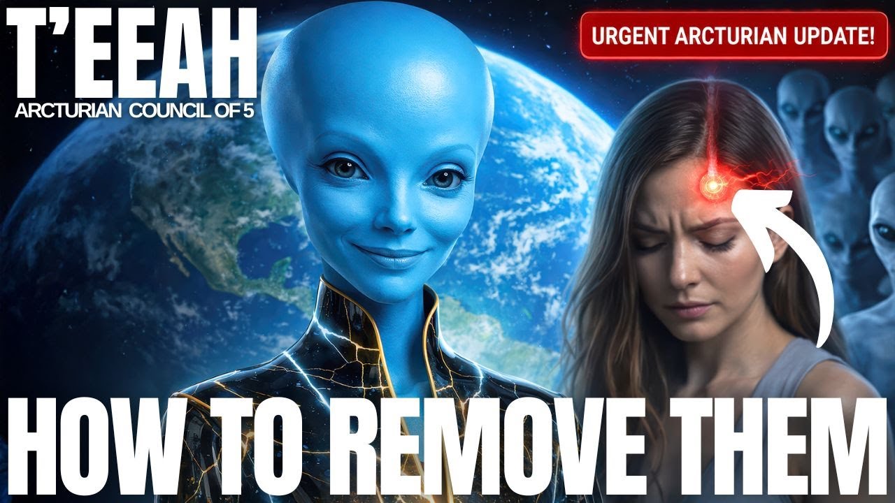 썸네일 이미지는 푸른 피부의 아크투리안 가이드가 지구 앞에 서 있고, 옆에는 머리를 감싸쥐고 있는 인간 여성이 있습니다. 굵은 글씨로 "그들을 제거하는 방법"이라고 쓰여 있고, 에너지 화살표가 여성을 가리키고 있는데, 이는 인간의 에너지장에서 부정적인 존재, 집착, 그리고 이식물을 제거하는 것을 상징합니다.
