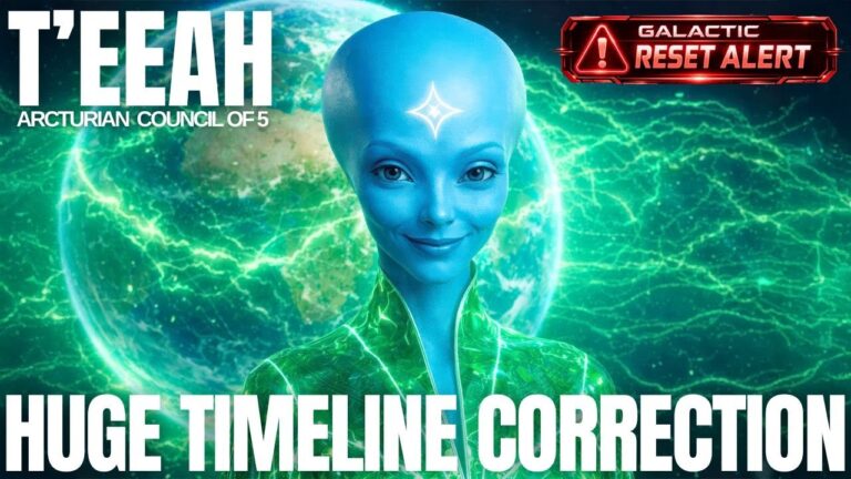A vivid YouTube-style thumbnail featuring the blue-skinned Arcturian guide Teeah in front of a glowing green energy field around Earth, with bold text reading “Huge Timeline Correction.” Electric plasma lines suggest the heart coherence grid, timeline collapse and ignition portals, signaling an urgent Great Galactic Reset update for starseeds about christed energy highways, quantum sorting waves and building New Earth systems.