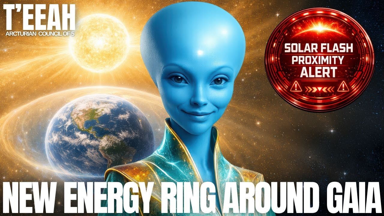Das YouTube-Thumbnail zeigt einen blauhäutigen arkturianischen Führer vor der Sonne und einem leuchtenden Energiering um die Erde, mit einem roten Solar Flash Alert-Abzeichen und der Überschrift „Neuer Energiering um Gaia“, was ein solares Blitzereignis, Veränderungen des Weltraumwetters und die Bildung neuer Energiefelder um Gaia veranschaulicht.